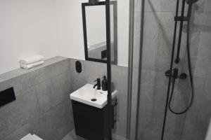 a bathroom with a sink and a shower at LOFT Jana z Kolna in Koszalin