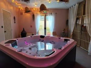 a pink bath tub in a room with a staircase at Hôtel Saint Jacques in Parthenay +143 photos