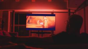 a person watching a tv screen in a dark room at Sheelin Lake House in Cavan
