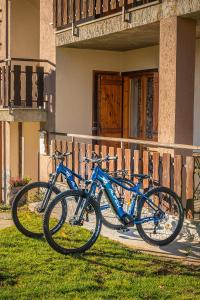 two bikes parked in the grass in front of a house at Residence La Baita in Frassinetto
