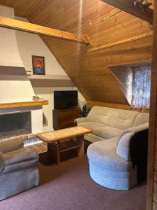 a living room with a couch and a tv at Hostinec Na hrázi in Hamr na Jezeře