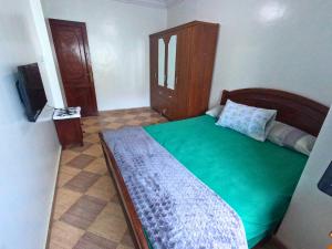 a bedroom with a green bed and a television at Martil Apartment Near Beachfront in Martil