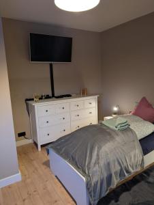 a bedroom with a bed and a tv on the wall at Stadtnah an der Förde S1 in Flensburg
