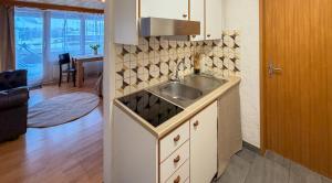 a kitchen with a sink and a counter top at PlanB Stay in Samedan