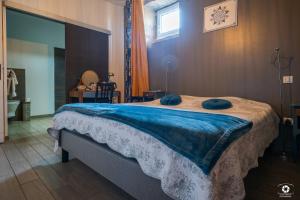 a bedroom with a bed with two blue pillows on it at Château Besson in Montluçon