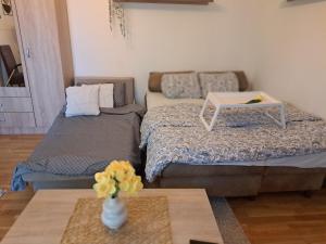 a living room with two beds and a table at Apartaman Sweet Home in Bačka Palanka