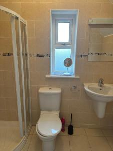 a bathroom with a toilet and a sink and a window at Clare Cottage in Doolin +8 photos