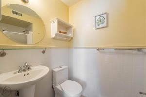 a bathroom with a toilet and a sink and a mirror at Condo Lac Archambault Fireplace beach in Saint-Donat-de-Montcalm +51 photos