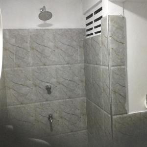 a bathroom with a shower with a stone wall at Galappathie Residence in Tangalle