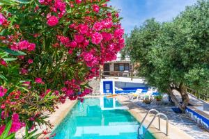 a resort swimming pool with pink flowers and trees at Villa for 4 with feature pool & great reviews in Bédar