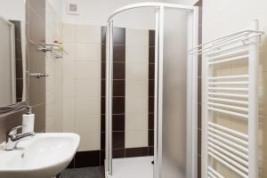 a bathroom with a sink and a shower at Chalupa U Lávky in Lasenitz