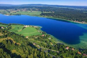 an aerial view of a lake with houses and trees at Au Doubs Village in Métabief