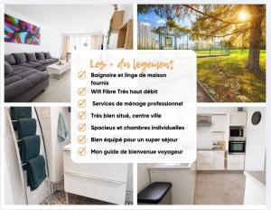 a collage of photos of a living room with a sign at Appartement Chilly Mazarin T3 Proche Aéroport Orly in Chilly-Mazarin +24 photos