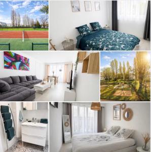 a collage of photos of a bedroom and a living room at Appartement Chilly Mazarin T3 Proche Aéroport Orly in Chilly-Mazarin