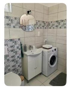 a bathroom with a washing machine and a sink at Riverside Home Szigetköz in Dunasziget +25 photos