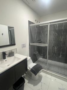 a bathroom with a shower and a toilet and a sink at The Bello Lodging B in Sonsonate