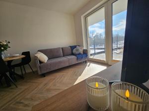 a living room with a couch and a table at Borki Lake View Apartment in Radom +17 photos