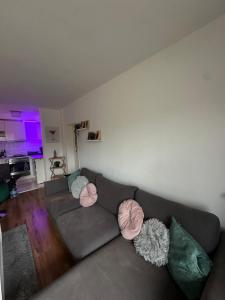a living room with a gray couch with pink pillows at Bright & Spacious 1BR Apartment in Bielefeld