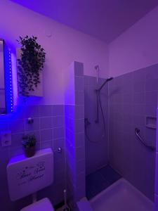 a bathroom with a toilet and a shower with purple lighting at Bright & Spacious 1BR Apartment in Bielefeld +19 photos