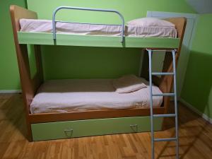 two bunk beds in a room with a green wall at Casa familiar katandres in San Mamés de Meruelo