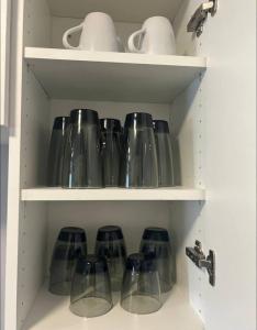 a bunch of glass vases sitting on a shelf at Spacious and cute basement unit in Thunder Bay