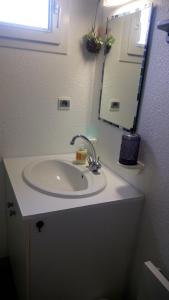 a bathroom with a sink and a mirror at Les Clés Nature Studio 42 in Moutiers-sous-Chantemerle +23 photos