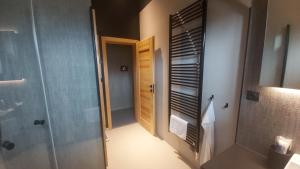 a bathroom with a walk in shower and a glass door at Roubenka Panské Pole in Panské Pole +78 photos