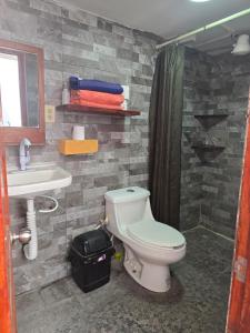 a bathroom with a toilet and a sink and a shower at Casa en Centro histórico Alojamiento completo in Veracruz +28 photos