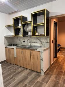 a kitchen with a sink and wooden cabinets at aparta hotel del toro in Estación El Salto