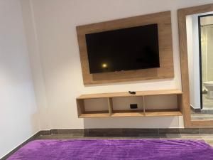 a living room with a tv and a purple rug at aparta hotel del toro in Estación El Salto