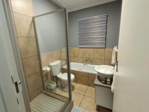 a bathroom with a shower with a toilet and a sink at Stonewall Luxury Apartment in Northriding +13 photos