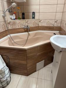 a bathroom with a bath tub and a sink at La Casa de Nido - Mini Studio in Veszprémfajsz +6 photos
