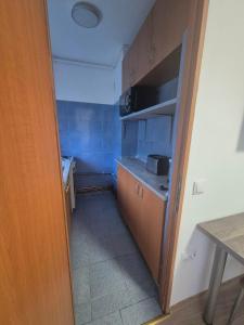 a small kitchen with blue walls and wooden cabinets at Alexandra Home in Mediaş