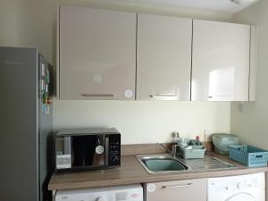 a kitchen with a sink and a microwave at The Snug on The Brae in Inverness
