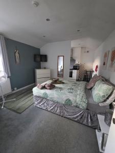 a bedroom with a bed and a couch at Sleepy Snug in Swansea