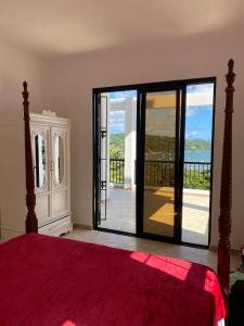 a bedroom with a bed and a large glass door at Villa Aurora Samaná in Santa Bárbara de Samaná