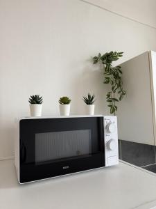 a microwave sitting on a counter with potted plants at L'appartement Dunois in Châteaudun