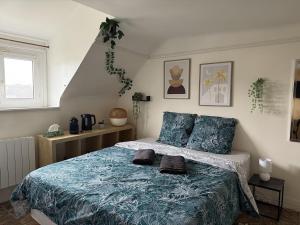 a bedroom with a bed with a blue comforter at Le Studio Dunois in Châteaudun