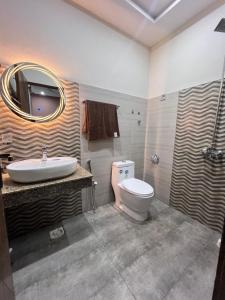 a bathroom with a sink and a toilet and a mirror at Livora stays Cozy Luxury 1BHK in Multan +25 photos