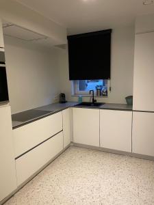 una cucina con mobili bianchi, un lavello e una finestra di JoHa Haus a Hasselt