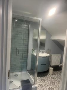 a bathroom with a glass shower and a sink at Peter's Loft in Melbourne Bridge