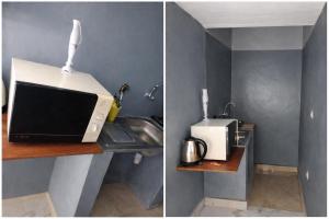 two pictures of a kitchen with a microwave and a sink at Cozy II Studio with AC and kitchen in Abomey-Calavi