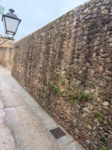 a stone wall with a street light next to it at Apartamento Las Cruces in Plasencia