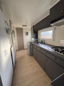 a kitchen with black cabinets and a sink and refrigerator at Blue Sea Horizon in Wenduine