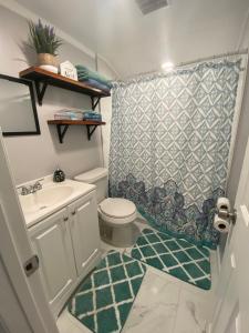 a bathroom with a toilet and a shower curtain at Beautiful independent suite in Brandon +18 photos