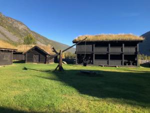 a hut with a grass roof on a field at Jørundgard Vikingcamp in Sel