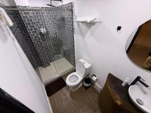 a bathroom with a shower and a toilet and a sink at Toba hotel boutique in Ibagué +65 photos