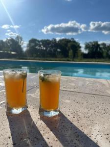 two glasses of orange juice sitting on a table next to a pool at Rincón Sereno Tunuyán Cabaña 2 in Tunuyán