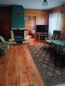 a living room with a fireplace and a tv at Letniskowy Domek Paullo in Słajszewo