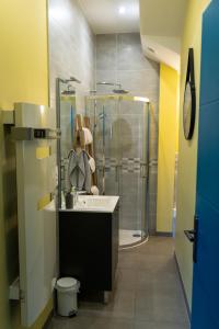 a bathroom with a sink and a shower at La petite cour in Beaune